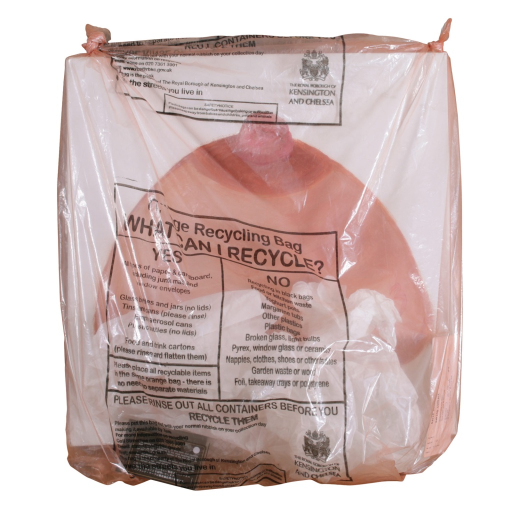 <b><i>Orange Recycling Bag II</i></b>, 2012<br>Oil on canvas in plastic bag. 63 × 57 cm
